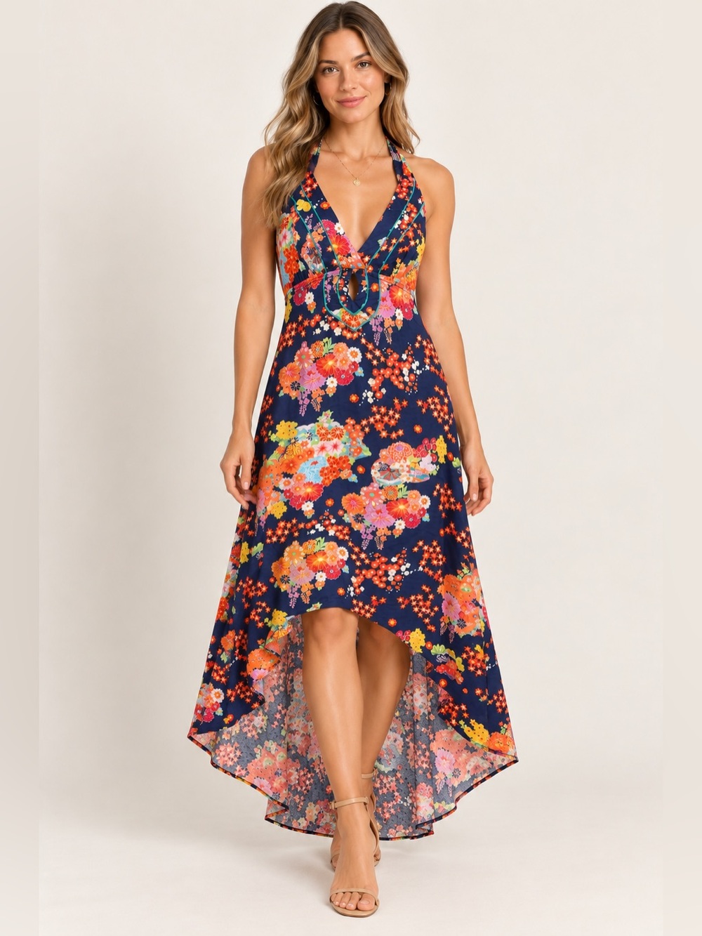 Nanette Lepore Swim Floral Halter High Low Maxi Dress Navy Multicolor Size M